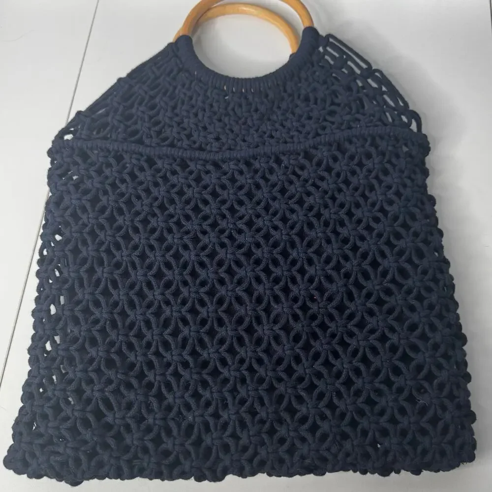 Cottage Boho Style Macrame Bag Purse Wooden Handle Navy